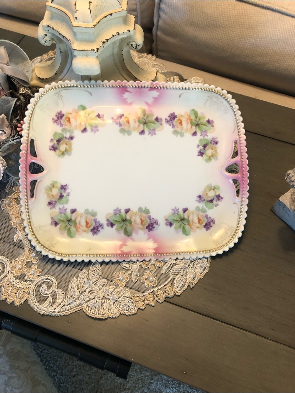 Floral Porcelain Handled Serving Tray in Pink and Lavender